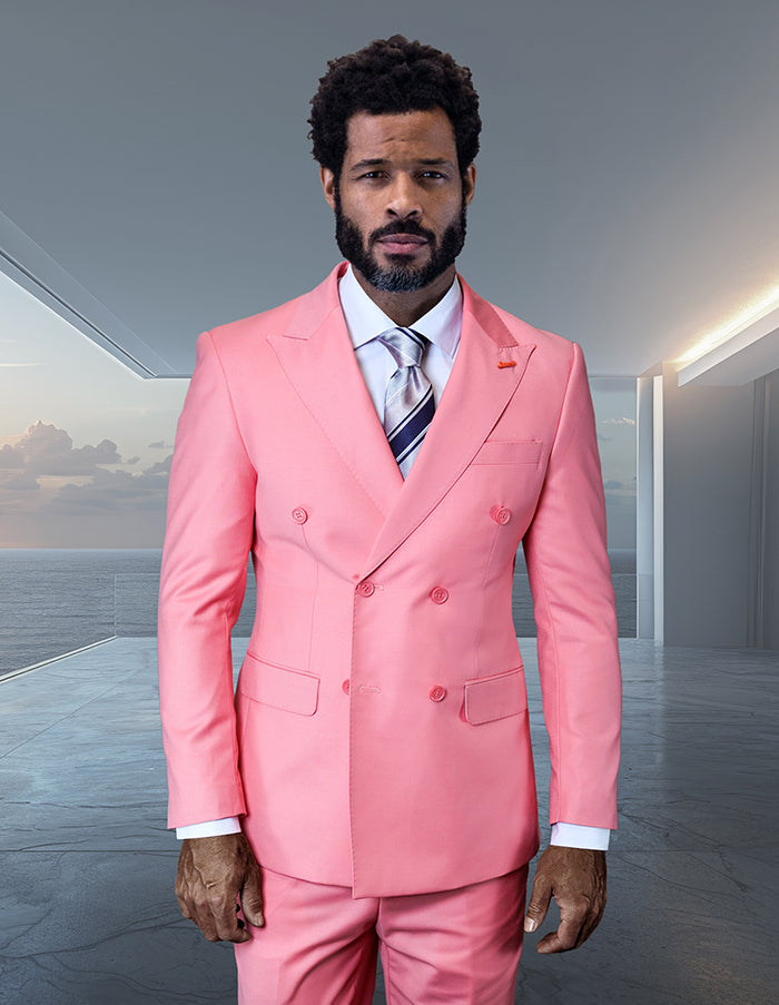 TZD-100 Blush Classic Double Breasted Solid Color Men's Suit by Tessori Uomo. Super 150's Extra Fine Italian Wool Hand Made - Blush