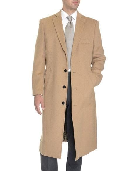 Mens Overcoat -Mens Long Wool Topcoats- Topcoat For Men-Men's Dress Coat Tan 4 Buttons Full Length Wool Cashmere Blend Overcoat Top Coat