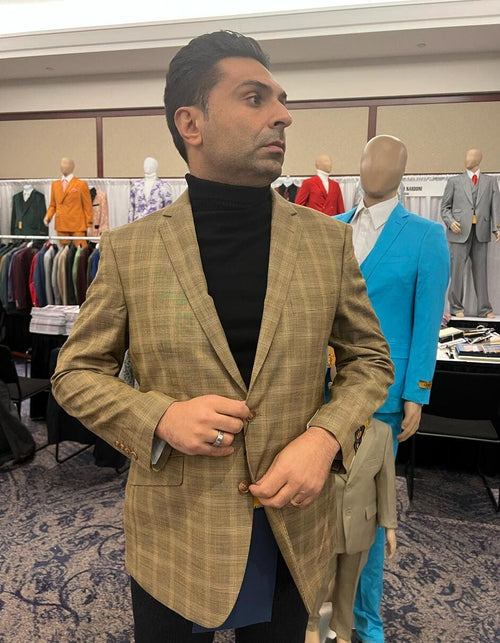 Men's Light Brown Plaid Sport Coat â€“ Classic Check Blazer for Business and Casual Wear in Tan Windowpane Taupe Color