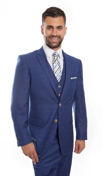 Blue Wool Windowpane Vested  2 Button Suit