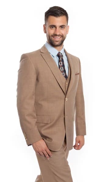 Tan Italian Wool Windowpane Vested  2 Button  Suit