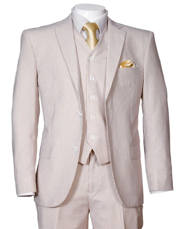 Mens 2 Button Vested Summer Seersucker Tan Suit