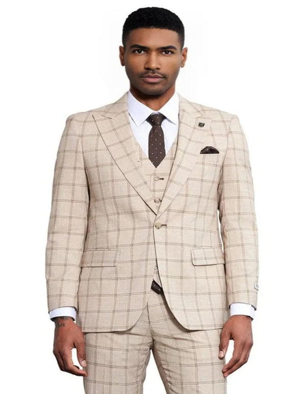 Men's Stacy Adams One Button Peak Lapel Vested Windowpane Tan Plaid Suit