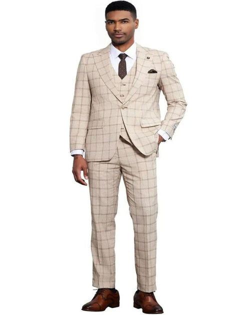 Men's Stacy Adams One Button Peak Lapel Vested Windowpane Tan Plaid Suit