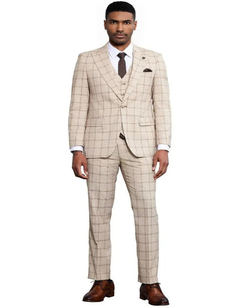 Men's Stacy Adams One Button Peak Lapel Vested Windowpane Tan Plaid Suit