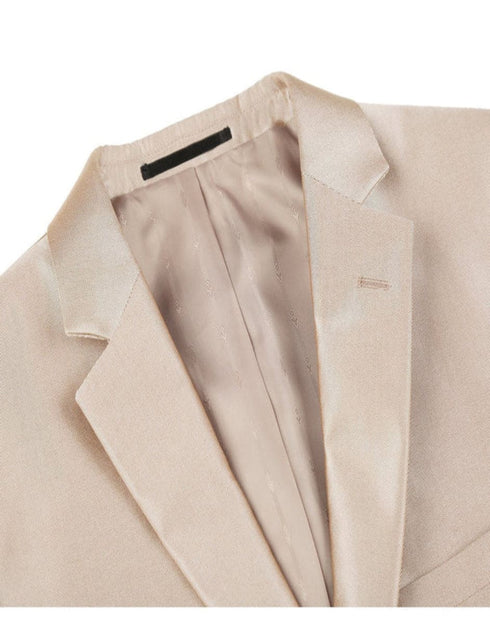 Mens Basic Two Button Slim Fit Suit with Optional Vest in Shiny Champagne Tan Sharkskin Suit