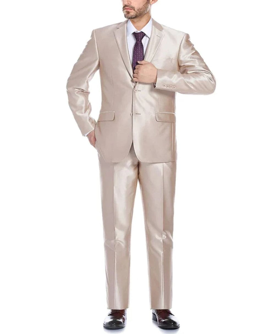 Mens Basic Two Button Slim Fit Suit with Optional Vest in Shiny Champagne Tan Sharkskin Suit