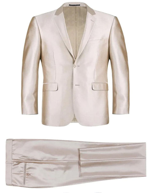 Mens Basic Two Button Slim Fit Suit with Optional Vest in Shiny Champagne Tan Sharkskin Suit