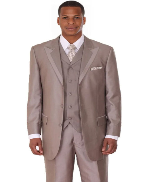 Mens 3 Button Vested Wide Peak Lapel Two Tone Sharkskin Tan Suit