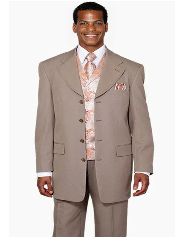 Mens 4 Button Long Vested Fashion Tan With Paisley Vest Suit