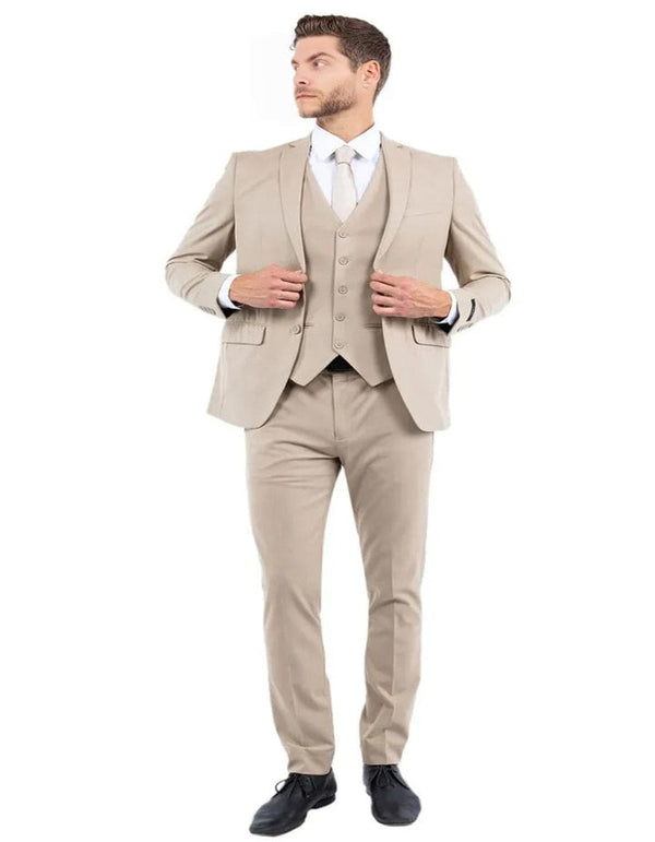 Men's One Button Vested Slim Fit Business Tan Wedding Suit