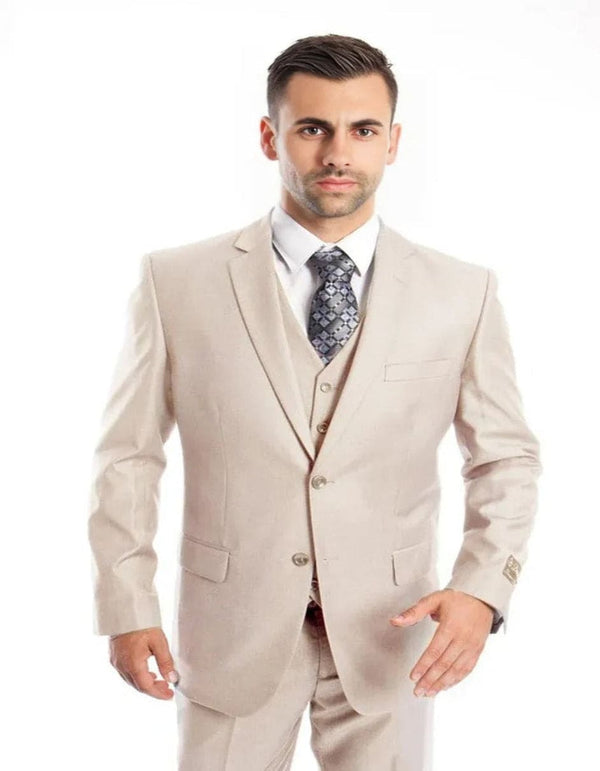 Men's Vested Two Button Solid Color Wedding and Business Tan Suit