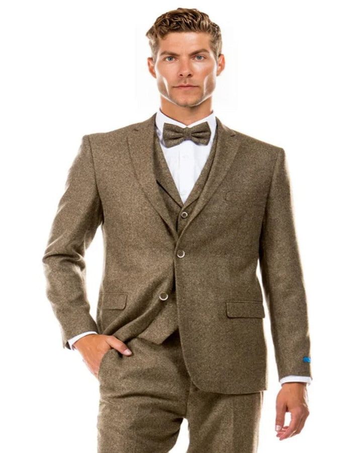 Men's Two Button Vested Vintage Single Breasted Style Tweed Tan Wedding Suit