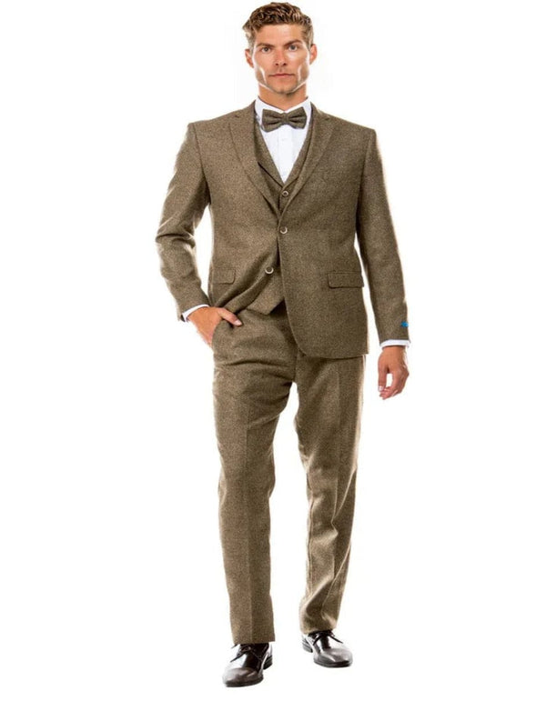 Men's Two Button Vested Vintage Single Breasted Style Tweed Tan Wedding Suit