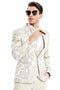 Men's One Button Vested Water Color Tulip Floral Print Wedding Tan Tuxedo Dinner Jacket Suit