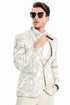 Men's One Button Vested Water Color Tulip Floral Print Wedding Tan Tuxedo Dinner Jacket Suit