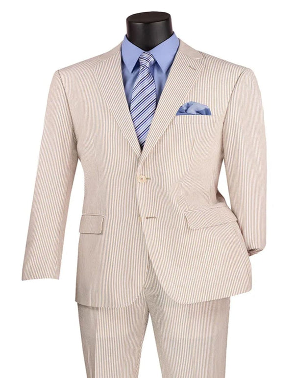 Men's 2PC Summer Seersucker Modern Fit Tan Pinstripe Suit