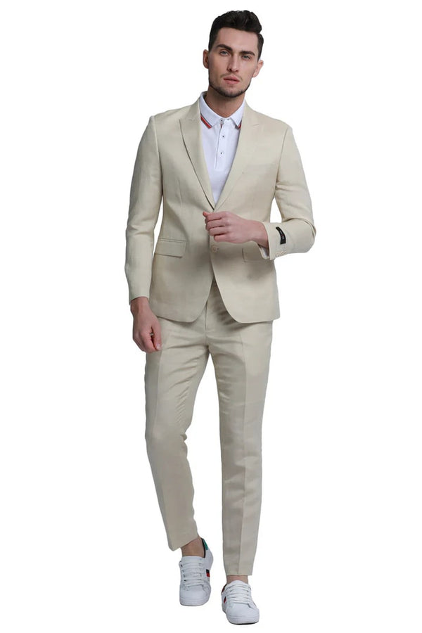 Tan Linen Suit - Men's Two Button Peak Lapel Summer Linen Style Beach Tan Wedding Suit