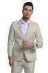 Tan Linen Suit - Men's Two Button Peak Lapel Summer Linen Style Beach Tan Wedding Suit