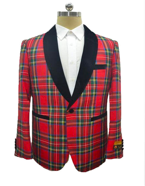 Mens Tartan Plaid Christmas Holiday Blazer in Red