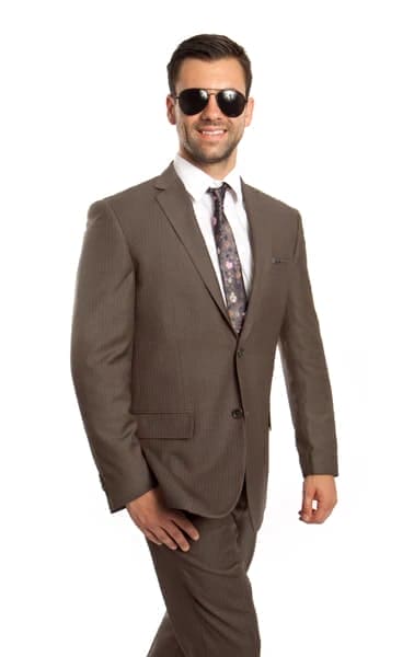 Taupe 100% Wool Stripe  2 Button  Suit