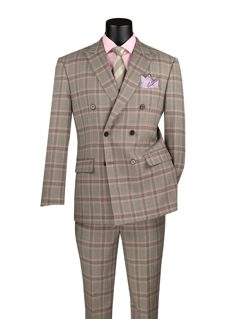 Mens Light Taupe Glen Plaid Double-Breasted Suit - Modern Fit