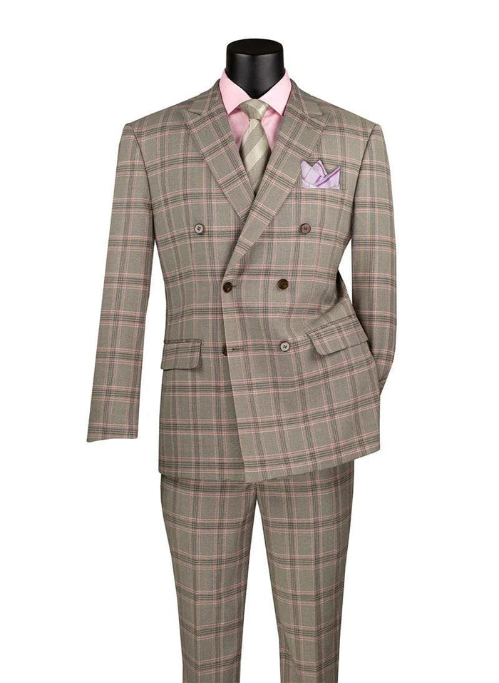 Mens Light Taupe Glen Plaid Double-Breasted Suit - Modern Fit