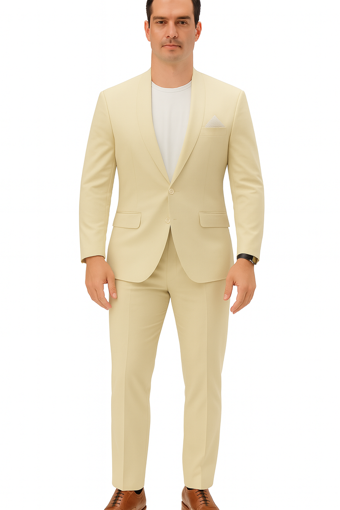 Men's light beige linen suit: relaxed fit, two-button jacket with side pockets, and straight-leg trousers. Collarless design, smooth texture, subtle creases. Perfect for a casual yet refined look.
