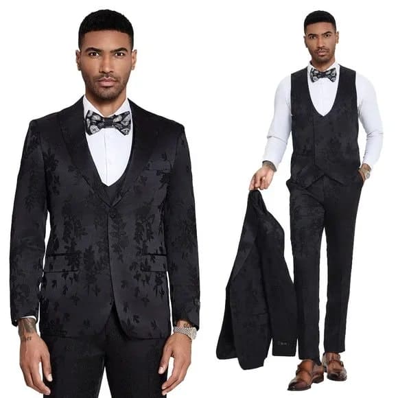 2026 Floral Mens 3PC Suit w/ Double Breasted Prom Vest by Tazzio, Black