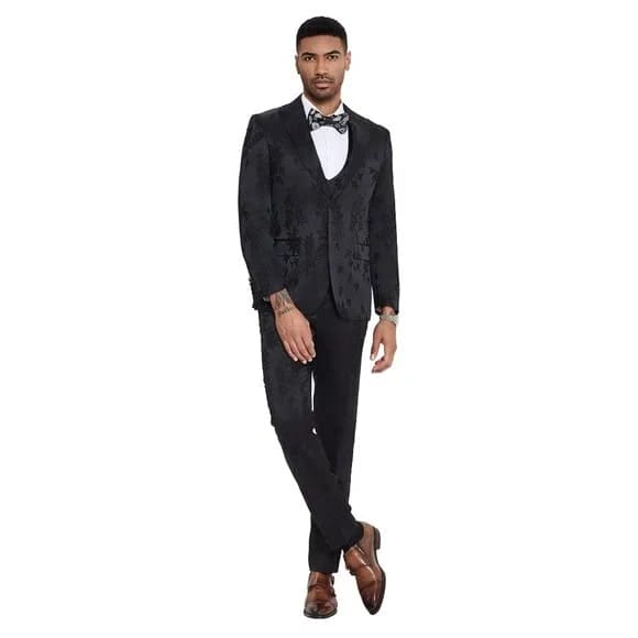 2026 Floral Mens 3PC Suit w/ Double Breasted Prom Vest by Tazzio, Black