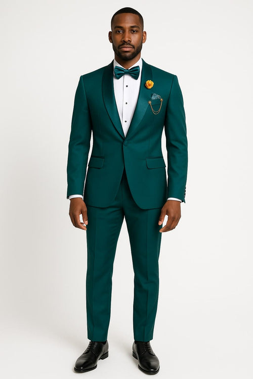 Teal Green Tuxedo Suit for Men â€“ Satin Shawl Lapel Prom and Wedding Suit