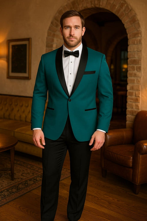 Teal Velvet Tuxedo for Men â€“ One Button Black Satin Lapel Formal Suit with Bow Tie