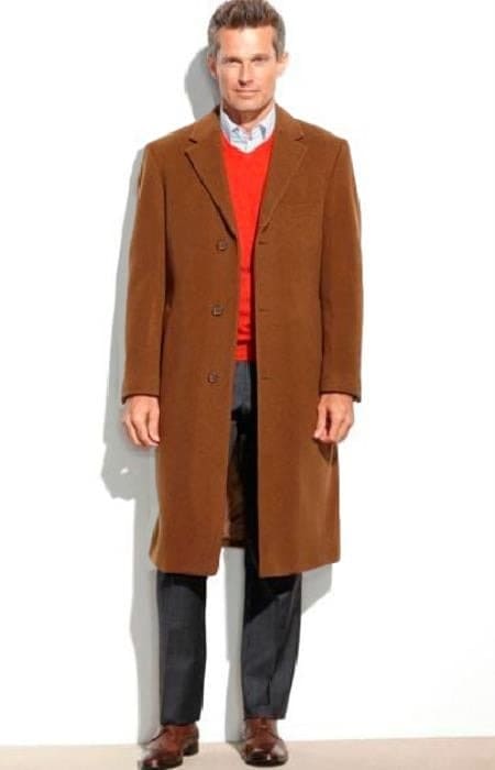 Mens Overcoat -Mens Long Wool Topcoats- Topcoat For Men-Men's Dress Coat Brown Full Length Overcoat ~ Long Men's Dress Topcoat - Winter Coat (Cashmere Touch (Not Cashmere))