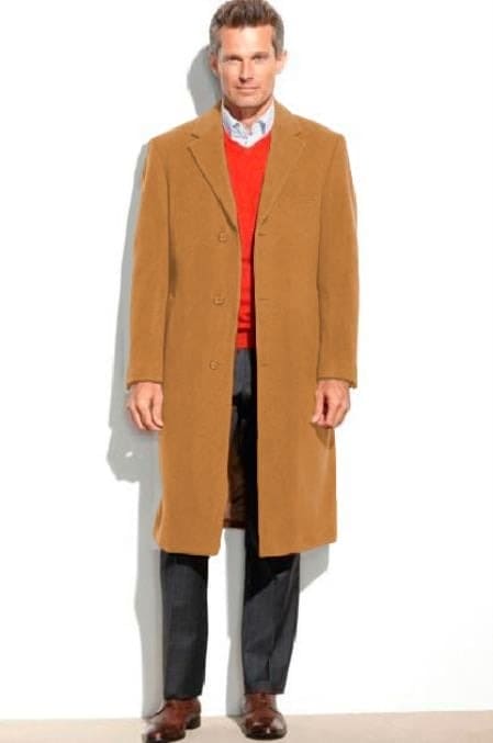 Mens Overcoat - Mens Long Wool Topcoats - Topcoat For Men-Camel Men's Dress Coat Full Length Overcoat ~ Long Men's Dress Topcoat - Winter Coat (Cashmere Touch (Not Cashmere))