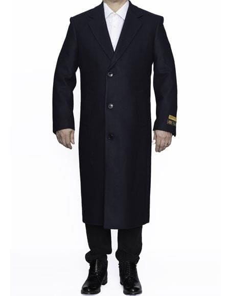 Mens Overcoat -Mens Long Wool Topcoats- Topcoat For Men-Men's Dress Coat Full Length Wool Dress Top Coat / Overcoat In Navy Blue Authentic Reg:$700 Designer Now On Sale