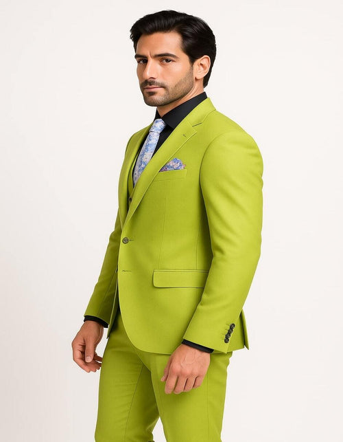 Men's Lime Green Three-Piece Suit with Floral Tie â€“ Slim Fit Tuxedo for Weddings & Parties
