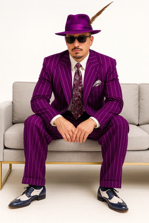 Purple pinstripe zoot suit: 3-piece (jacket, vest, pants). Sharp lapels, fitted silhouette. Bold purple, white pinstripes. Loose pants. Accessories: hat, feather, floral tie, pocket square. Two-tone shoes.