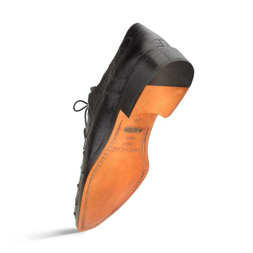 Mezlan's Tillson Black Blucher shoes: genuine ostrich leather with a textured finish. Features a plain toe, stacked heel, tan outsole, lace-up closure & visible stitching. Classic design.
