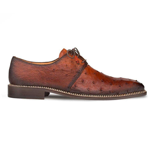 Tillson brandy ostrich leather blucher shoes with plain toe. Features: pointed toe, low heel, lace-up design, brown textured ostrich leather upper with natural pattern, contrasting sole stitch.
