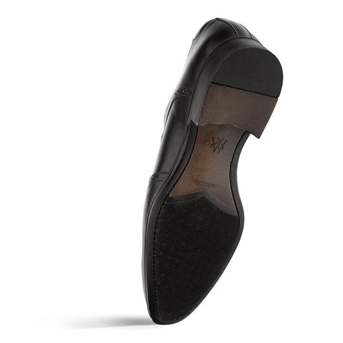Men's black wingtip derby shoes. Smooth black leather upper with brogue detailing. Rubber sole for traction, contrasting wooden-look heel. Stylish and functional.
