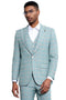 Men's Stacy Adams suit: light turquoise green plaid. Peak lapel jacket, front pockets, and button closure. Matching vest. Fine fabric, structured blazer, and slim-fit trousers.

