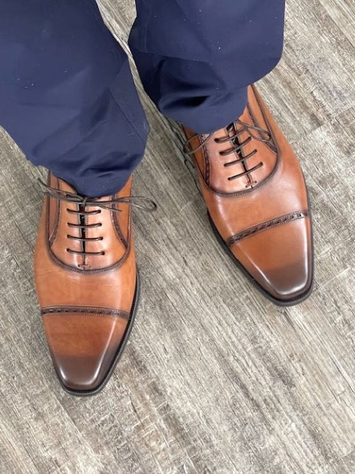 Amaro Cognac Leather Cap Toe Oxford Shoes for Men by Mezlan – Italian Calfskin Dress Shoes Made in Spain