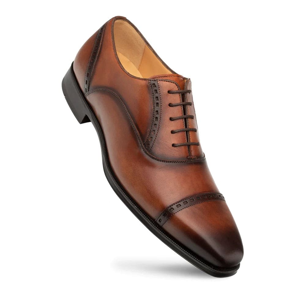 Amaro Cognac Leather Cap Toe Oxford Shoes for Men by Mezlan – Italian Calfskin Dress Shoes Made in Spain