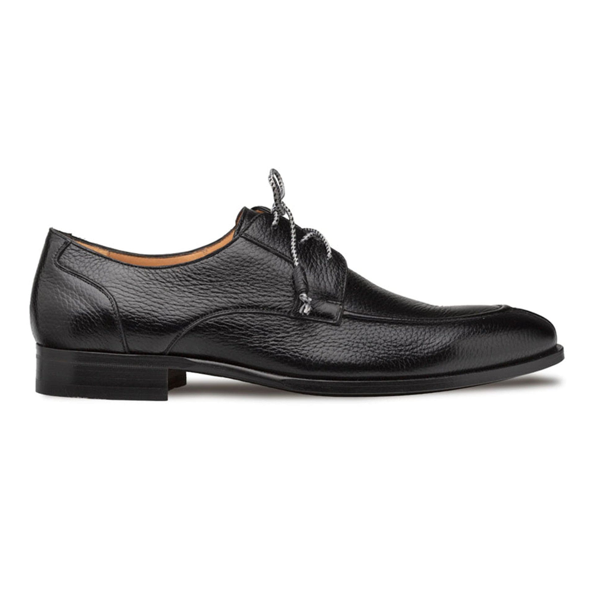 Black Fratello split-toe lace-up shoes in textured black deerskin. Streamlined silhouette, rounded toe, contrasting lacing, and decorative tab. Low stacked heel.
