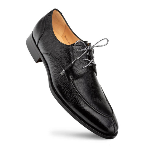 Fratello black deerskin split toe shoes. Rounded toe, textured black leather upper with gray laces. Low heel, light interior. Enhances structural appearance.
