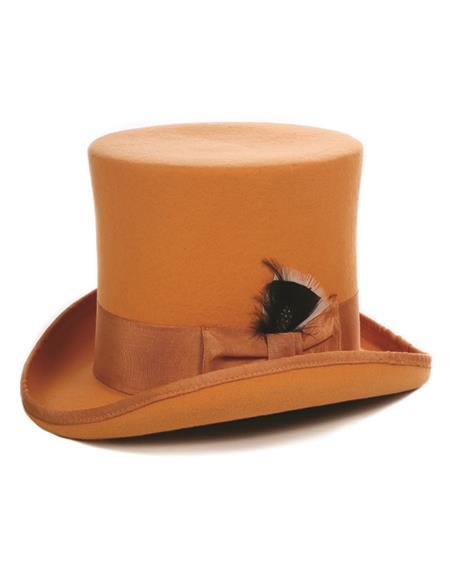Orange felt top hat. Cylindrical crown, flat top, curved brim. Satin ribbon band with a black feather accent.
