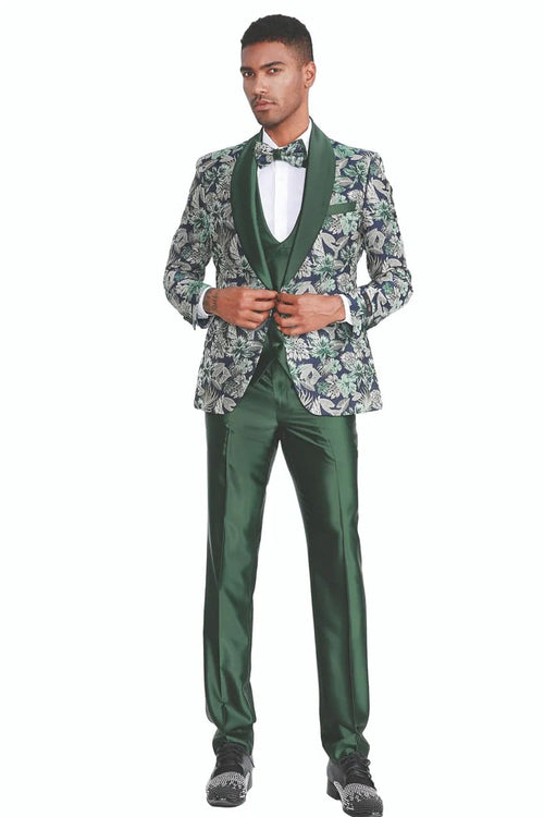 Mens One Button Vested Paisley Shawl Lapel Prom Tuxedo in Hunter Green