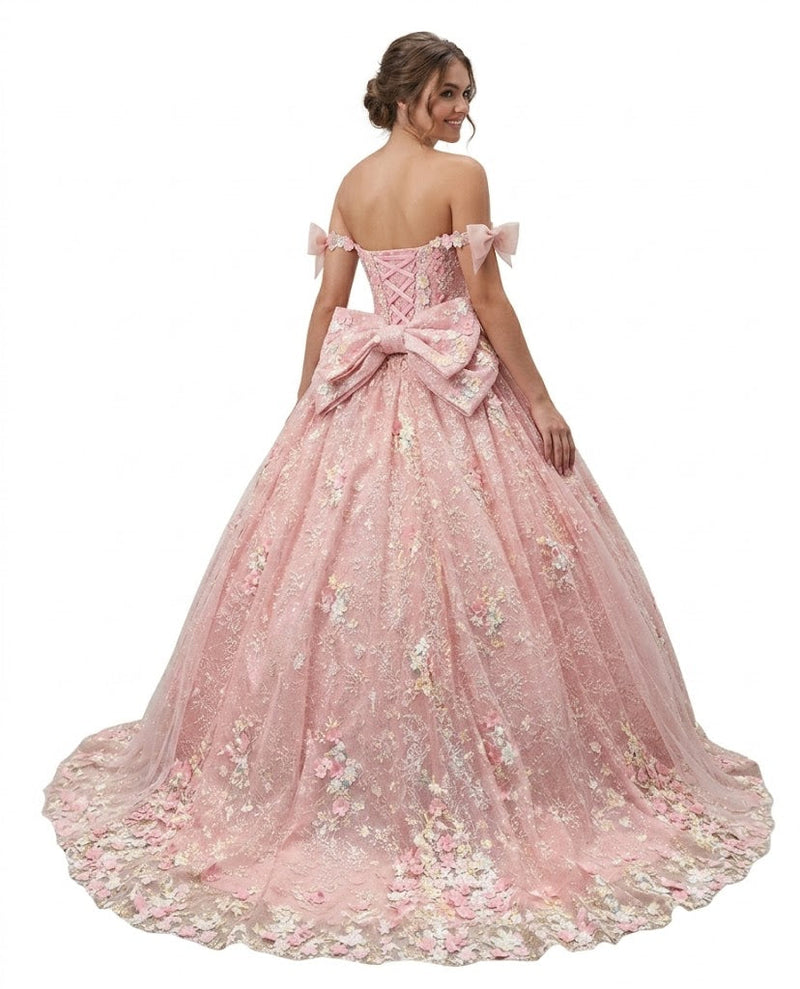 Off-Shoulder Quinceañera Gown with Floral Sweetheart Neckline & Corset Back Bow by Trevi TL3073C