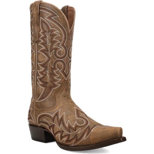 Dan Post men's Triton cowboy boots. Tan, textured leather with a snip toe and Cuban heel. Intricate white stitching adorns the shaft and vamp. A tall, pointed silhouette.
