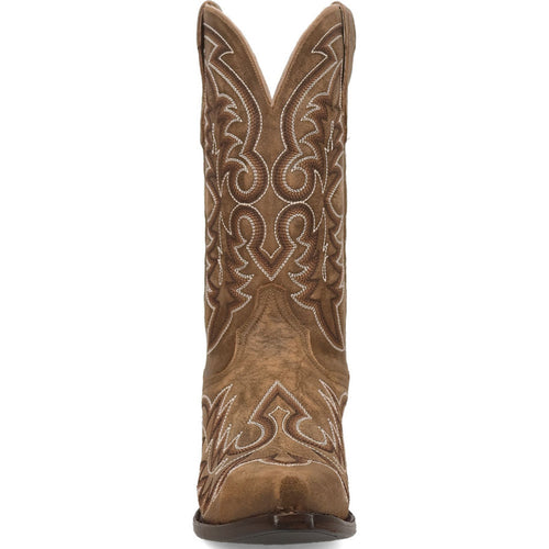 Dan Post Men's Tan Triton cowboy boots. Tall shaft, tan suede, intricate stitching. Snip toe design for a classic Western look.
